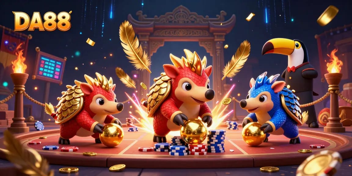 Experience thrilling DA88 gaming action with rival pangolins bowling through stacks of poker chips.