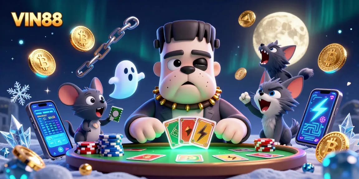 Play casino games at VIN88 with a fun atmosphere featuring quirky characters and crypto elements.