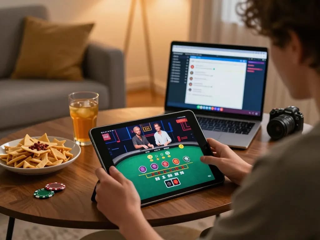 Engaged player at home enjoying live 13win blackjack on tablet, with cozy atmosphere and snacks.