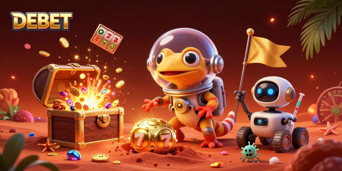 Experience the excitement at DEBET's alien casino with vibrant floating slot reels and treasures.