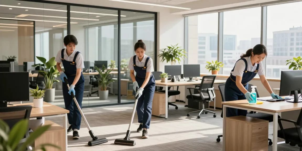 Schoonmaakbedrijf Den Haag team cleaning a modern office space, showcasing professional service and attention to detail.