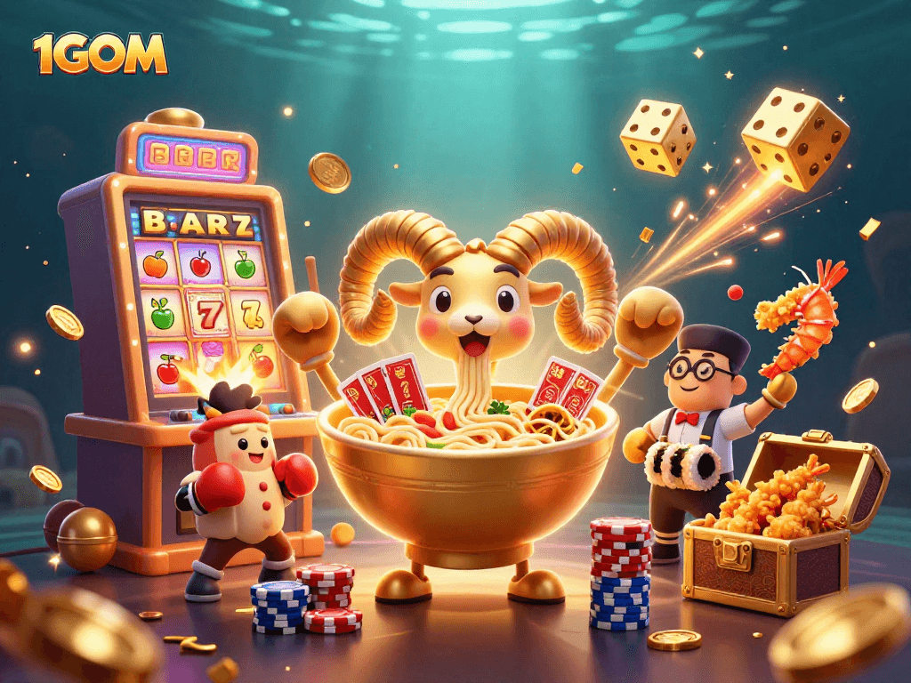 Experience the fun at 1GOM with the vibrant scene of a golden ramen bowl and casino excitement.