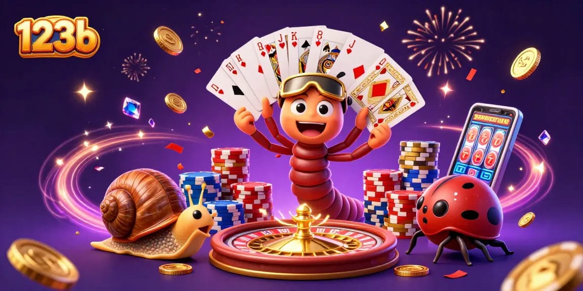 Celebrate wins at 123b with a vibrant 3D casino scene featuring playful characters and dynamic gaming elements.