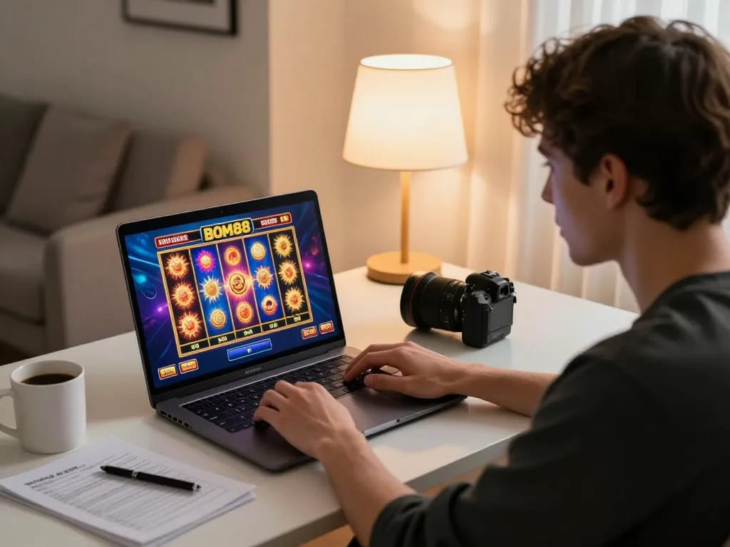 BOM88 user engaging with exciting online slots game at home, showcasing gaming strategy in a cozy atmosphere.