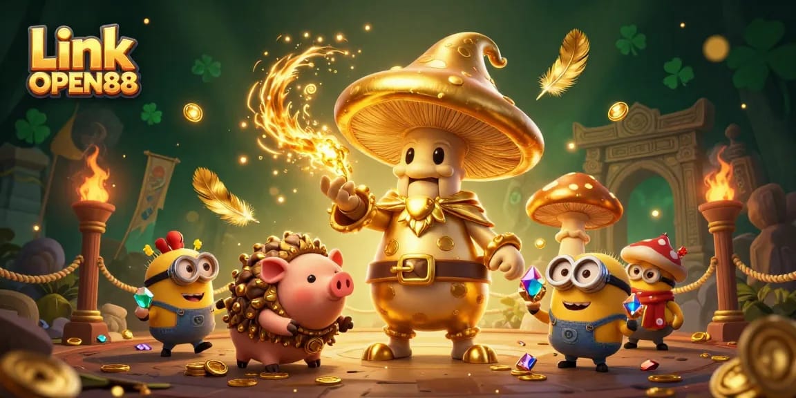 Experience the adventure with Link OPEN88 in a vibrant online casino scene filled with treasures and magical elements.