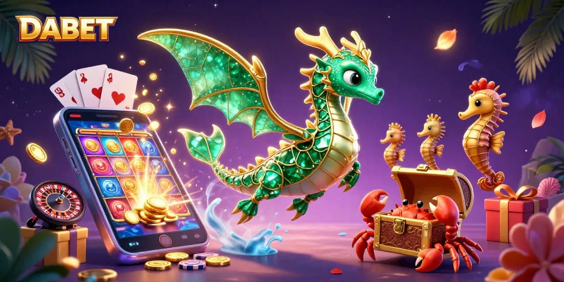 DABET captures players' attention with captivating 3D sea dragon and casino games in vibrant illustration.
