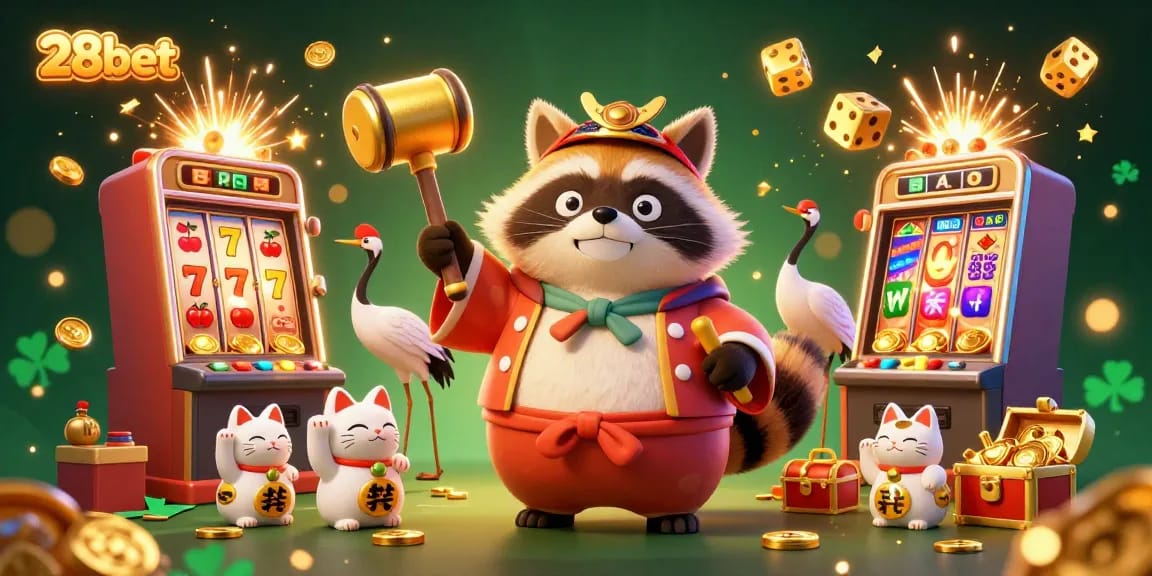 Engage in exciting gameplay at 28bet with a vibrant scene of tanuki, a crane, and fortune cats amidst a jackpot explosion.