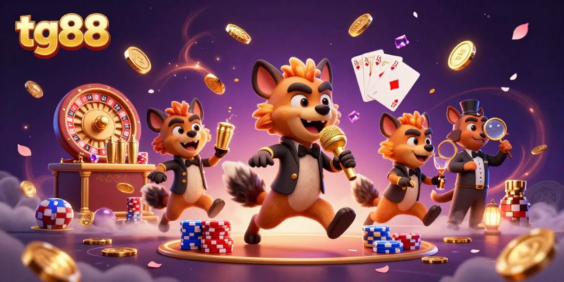 Experience fun at tg88's casino scene filled with hyenas, games, and golden winnings.