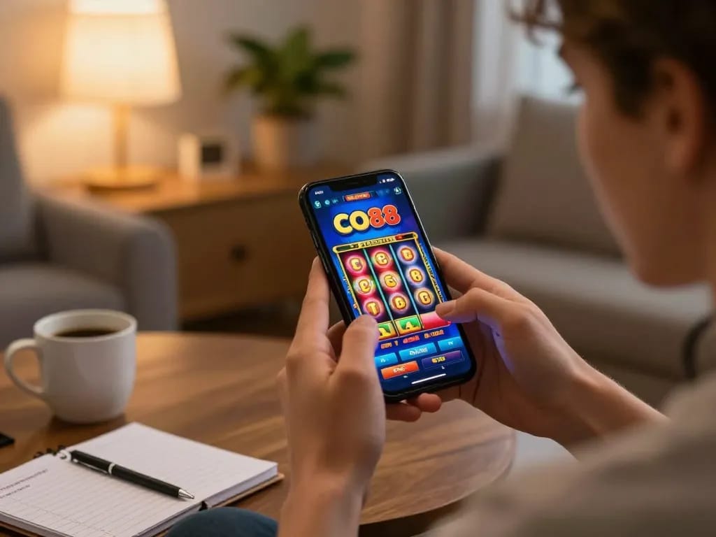 Player enjoying a CO88 mobile gaming experience with colorful slot visuals, enhancing strategic online betting.