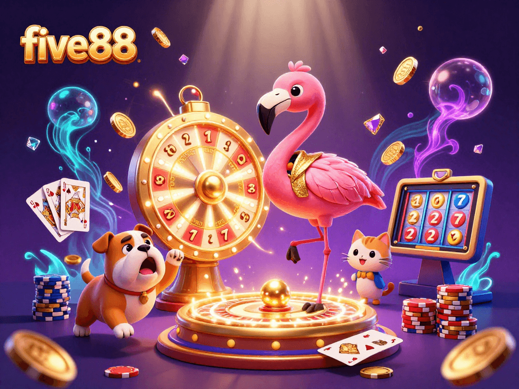 Witness the excitement at five 88 with colorful characters, spinning prize wheel, and vibrant casino elements.