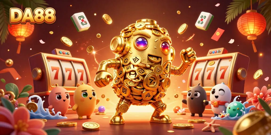 Experience thrilling wins with DA88, featuring spinning slot reels and a golden golem in action.