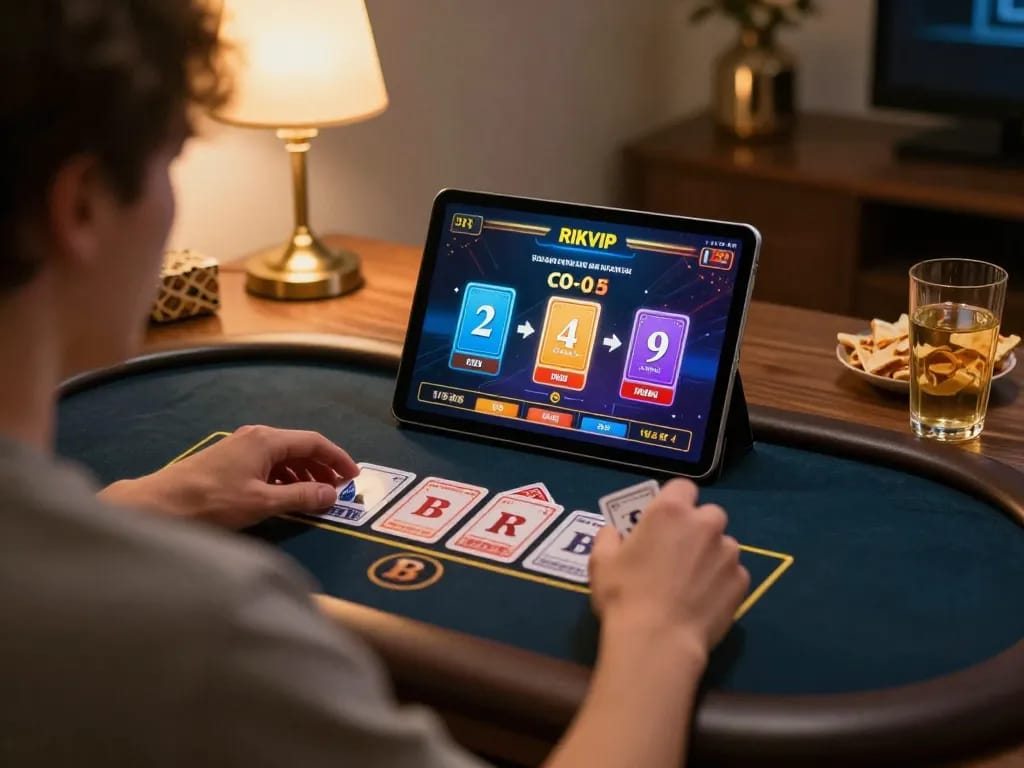 Engaged player enjoying RIKVIP live dealer game at home with strategic focus on screen.