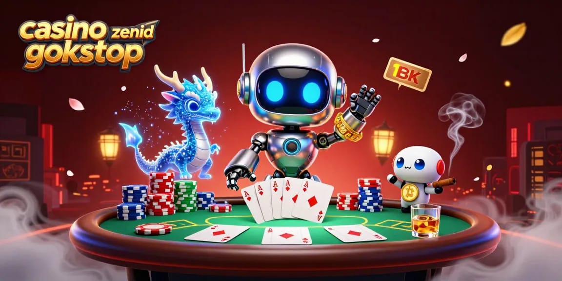 Engage in thrilling games at casino zonder gokstop, featuring robots and dragons over poker tables.