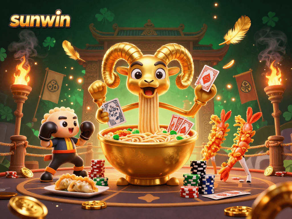 Engaging sunwin illustration of a giant ramen bowl and cheerful sushi dealers amidst a lively casino atmosphere.