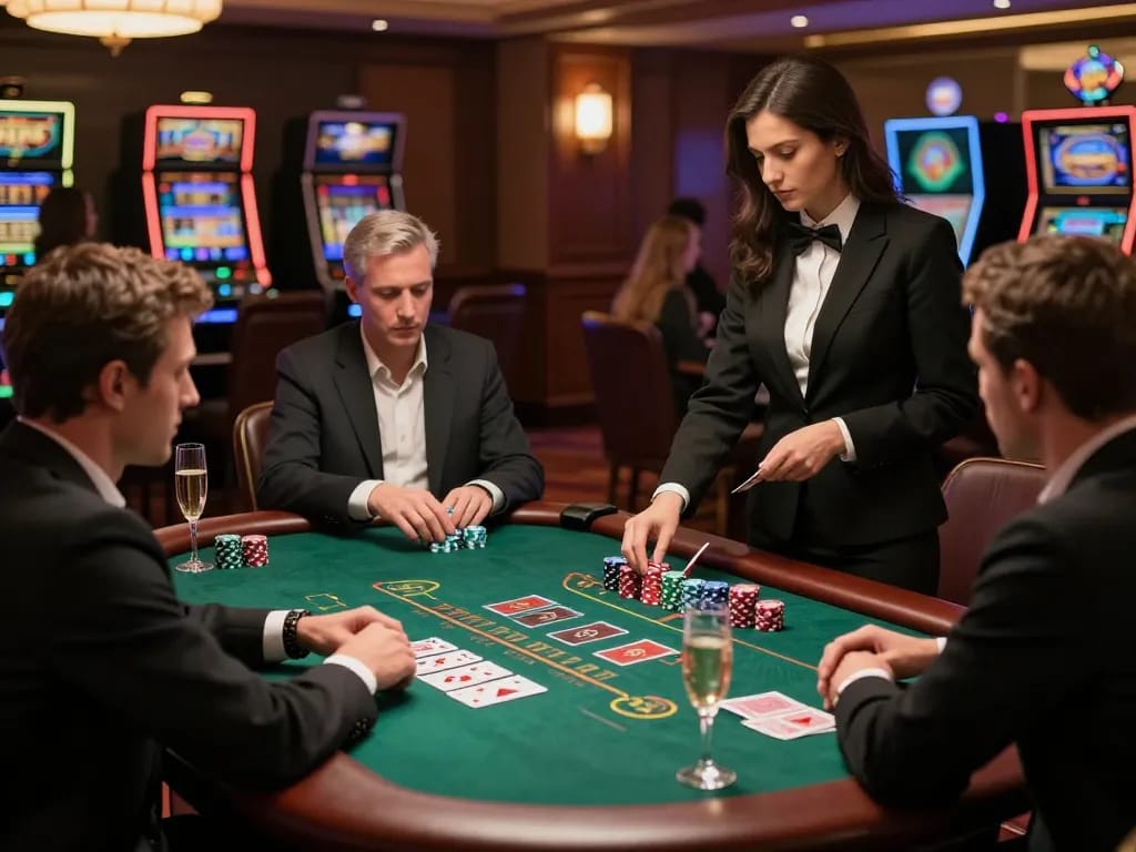 Strategic gameplay at lucks8 blackjack table with excited players and professional dealer managing bets.