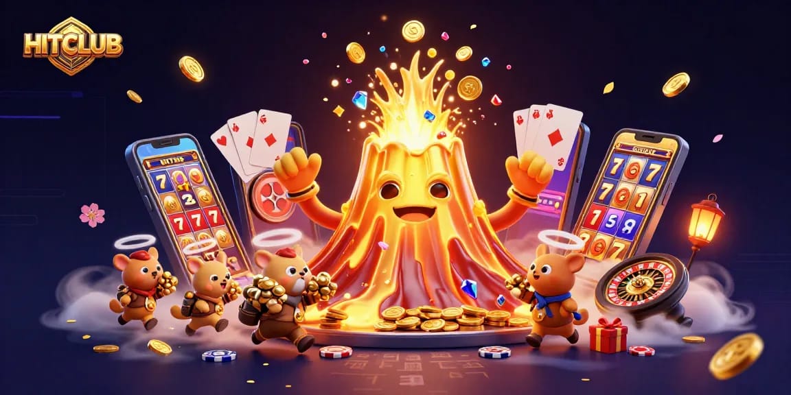 Engage in HITCLUB's thrilling slot game experience amidst a treasure-filled eruption.