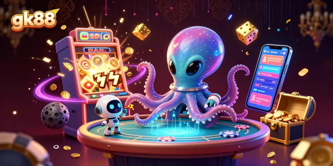 Engage in the thrilling gk88 online casino experience with alien characters, poker tables, and explosive jackpot action.