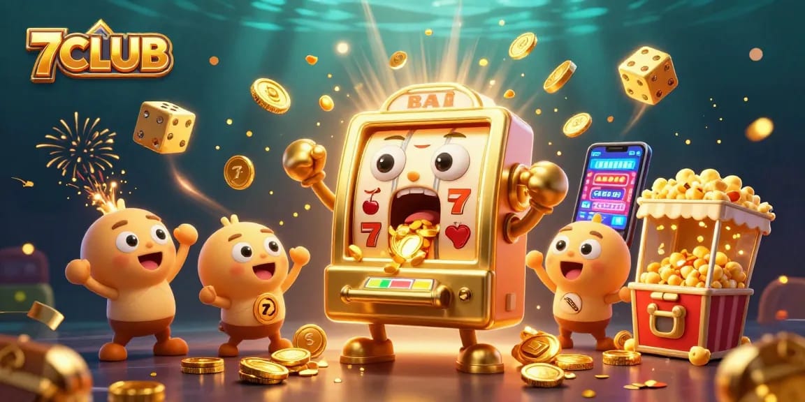 7CLUB showcases golden slot machine hitting a jackpot as coins pour out, surrounded by cheering baby slots.