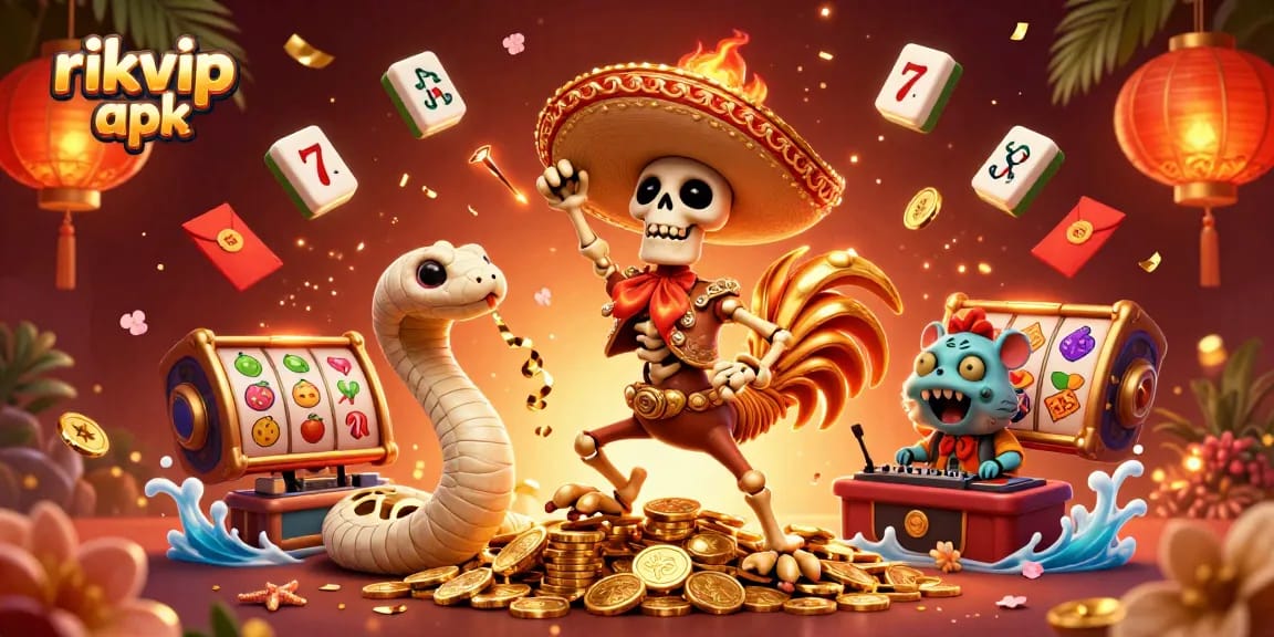 Experience the thrill of the rikvip apk in a vibrant casino scene with festive characters and dynamic elements.