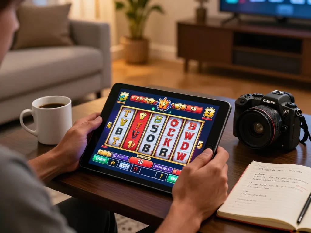 Engaging in slot gameplay on 8kbet com with vibrant reels and cozy home setup
