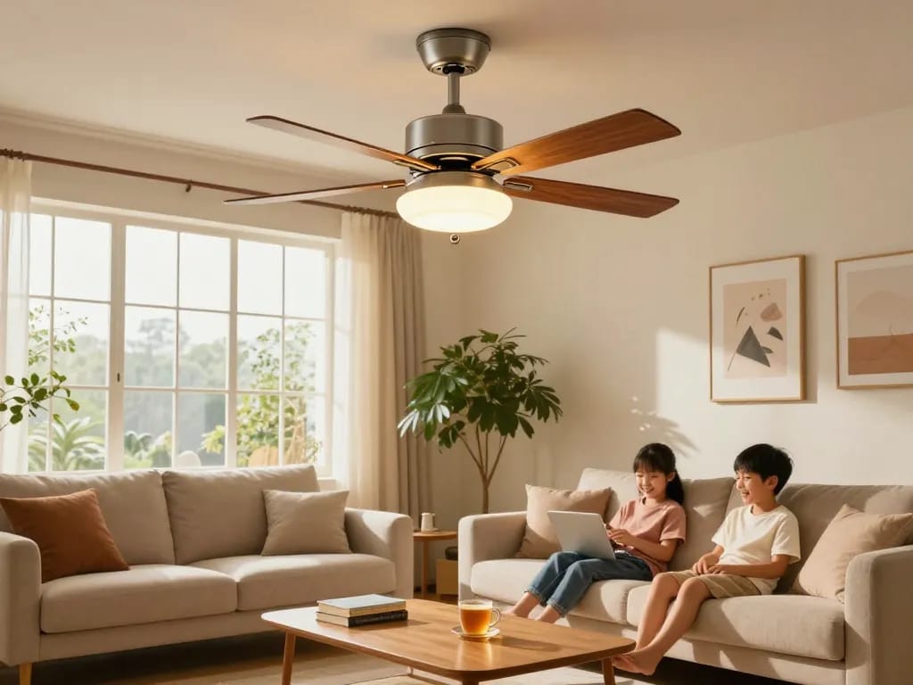 Heldere licht ventilator die een gezellige woonkamer verlicht waar een gezin samen tijd doorbrengt.