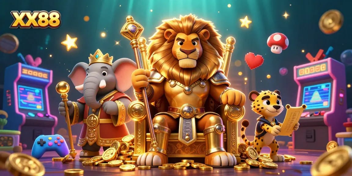 Engage with the thrilling casino adventure of XX88, featuring a majestic lion king and interactive gaming elements.