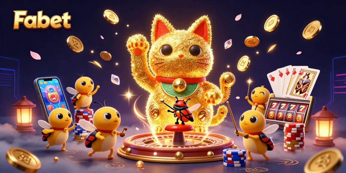 Experience the excitement at Fabet with a vibrant explosion of casino symbols and golden rewards.