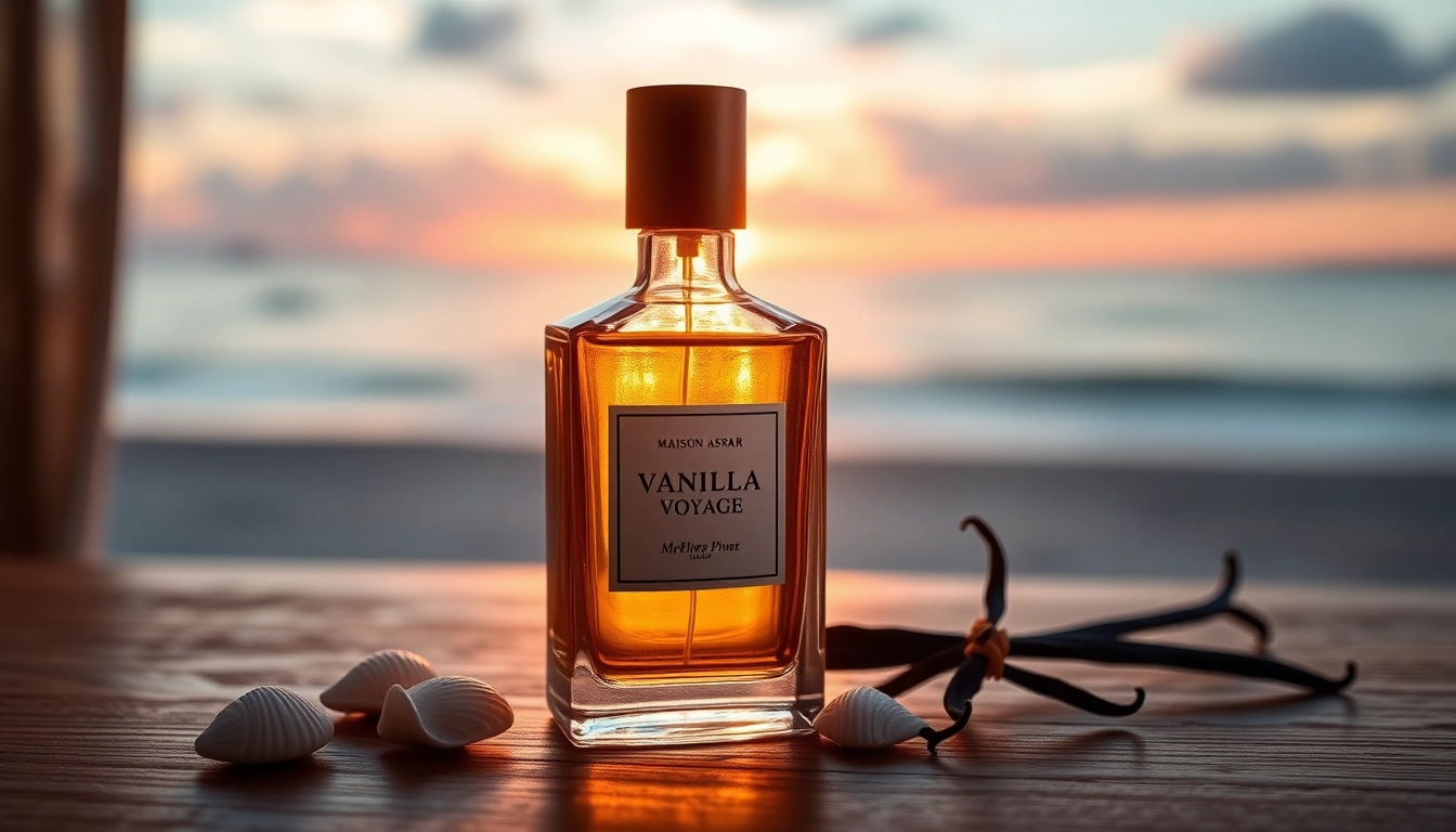 Ontdek de verfijnde geur Vanilla Voyage by Maison Asrar met een elegante parfumfles op een houten tafel.