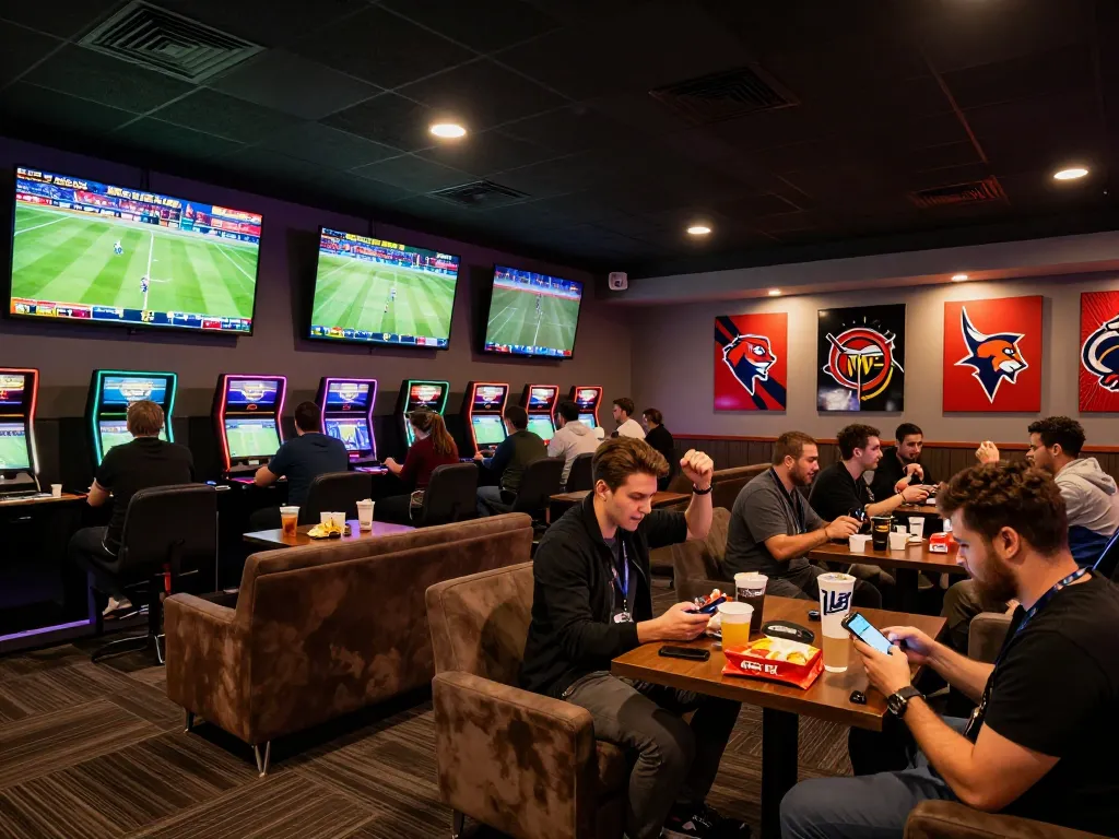 Experience the excitement of keonhacai 88 in a lively sports betting lounge with screens showing live events.