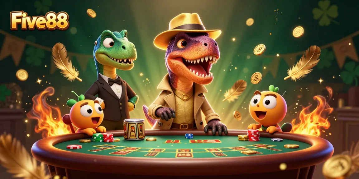 Experience thrilling gameplay at Five88 with a velociraptor card counter and stegosaurus pit boss in a vibrant casino setting.