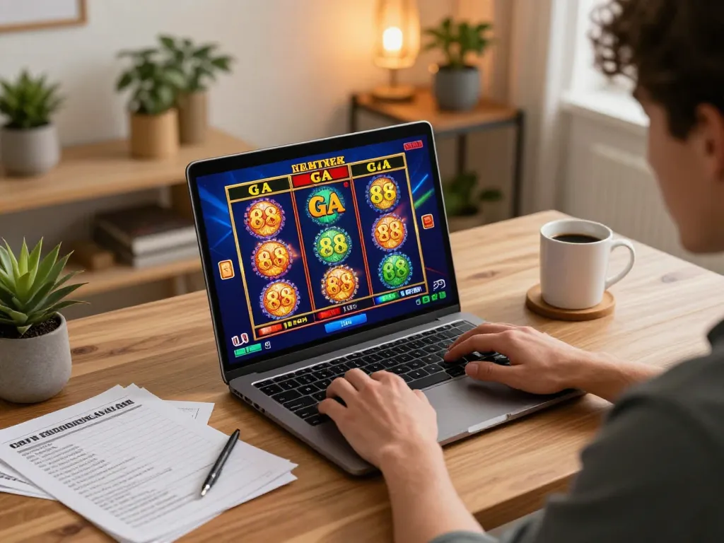 Engaging in GA 88 slot gameplay on a laptop, showcasing a cozy home gaming setup with strategic notes and warm ambiance.