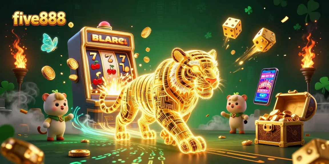 Experience the thrilling five888 digital casino scene with a vibrant jackpot explosion and golden tiger.