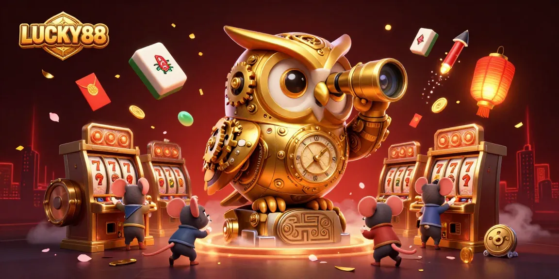 Engage with LUCKY88 in a vibrant casino scene featuring a golden owl, slot machines, and colorful elements.