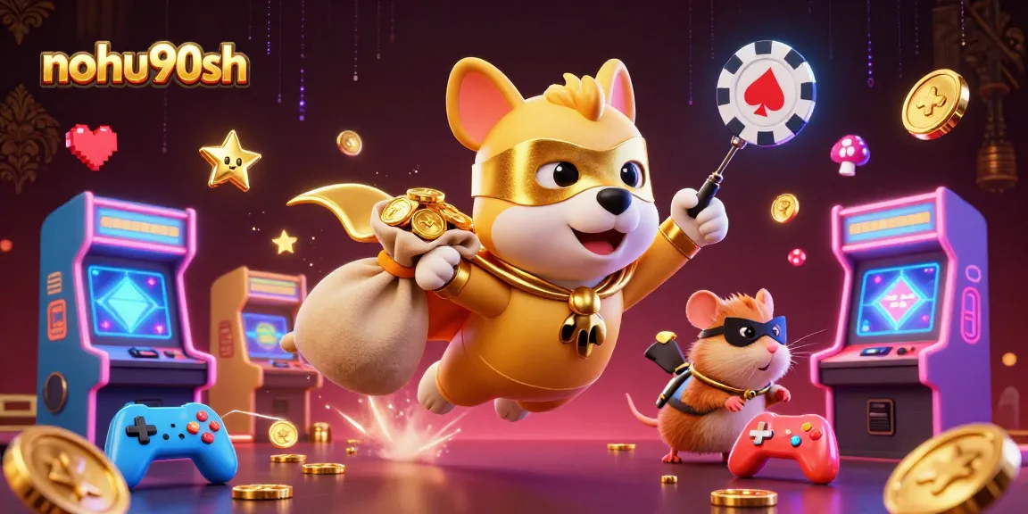 Nohu90sh action scene with a superhero dog and hamster flying through a casino-themed world filled with gold coins.