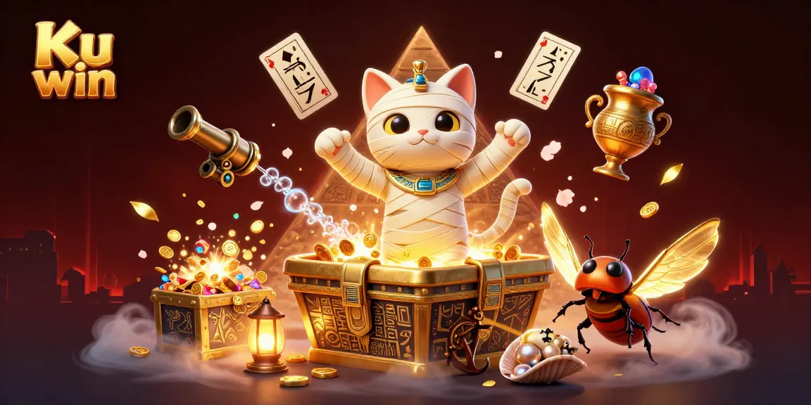 Win big with Ku win in this vibrant 3D casino scene featuring a mummy cat and treasures!