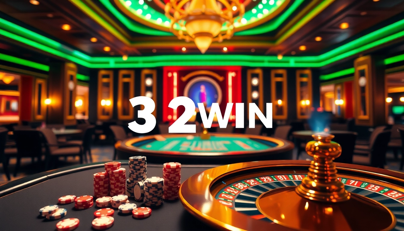 Players enjoying a thrilling game at 32WIN casino with vibrant tables and chips.