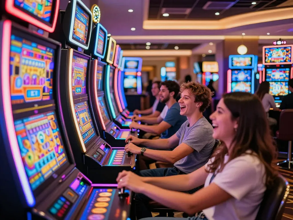 Players enjoying vibrant slot machines at ALO8 casino, showcasing excitement and dynamic gaming atmosphere