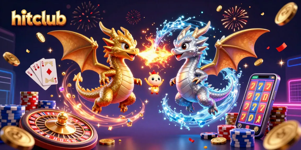 Hitclub showcases a dynamic scene with twin cartoon dragons amidst golden coins and casino elements, enhancing gaming excitement.