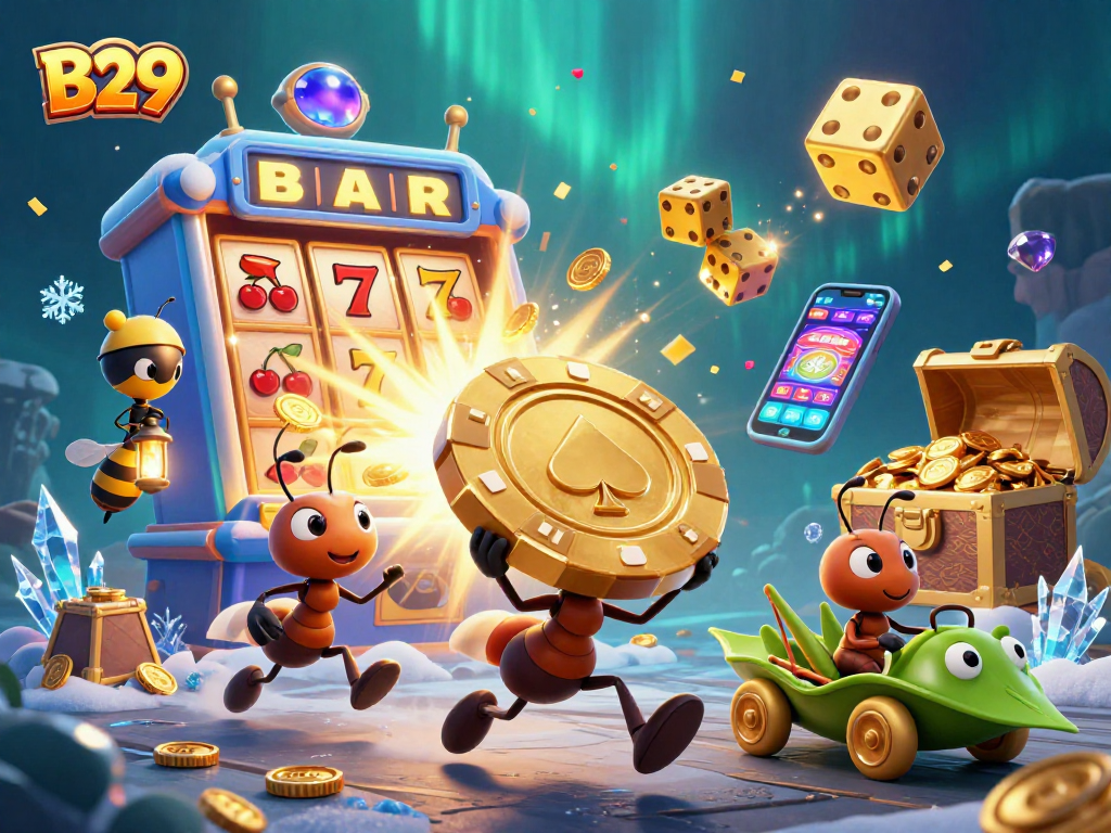 B29 promotional image showing ants stealing a giant poker chip with exciting casino elements around.
