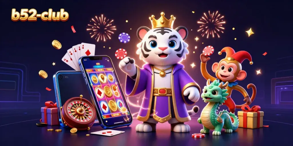 Watch the b52-club scene with a playful tiger, monkey, and dragon playing slots.