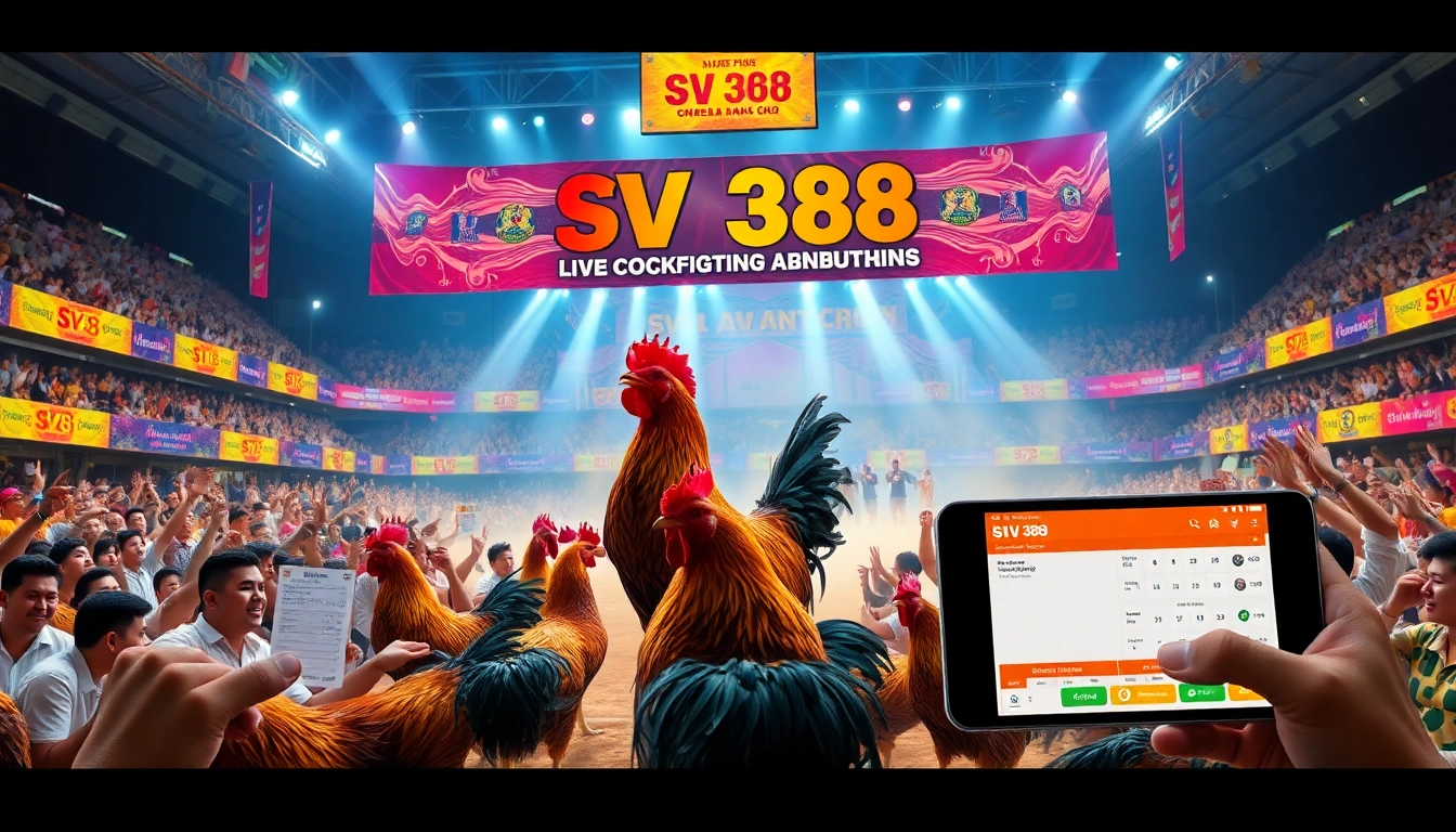 Experience intense live cockfighting action on SV 388 with vibrant visuals and engaging betting scenes.