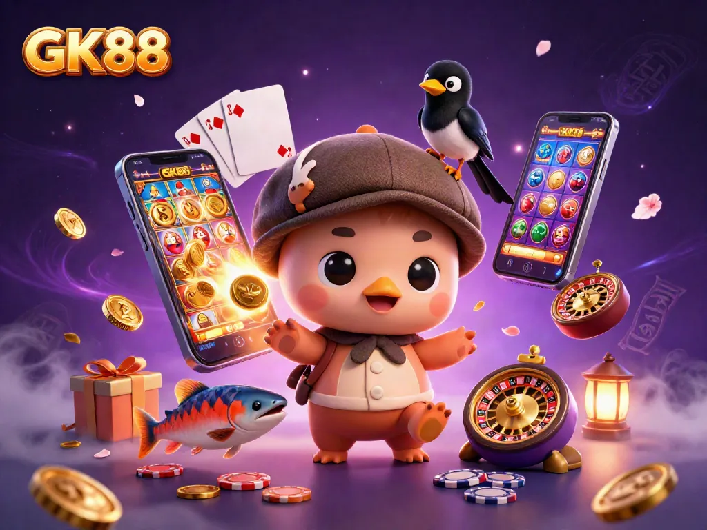 Experience thrilling action at GK88 with vibrant 3D casino characters surrounded by slot games and dynamic elements.