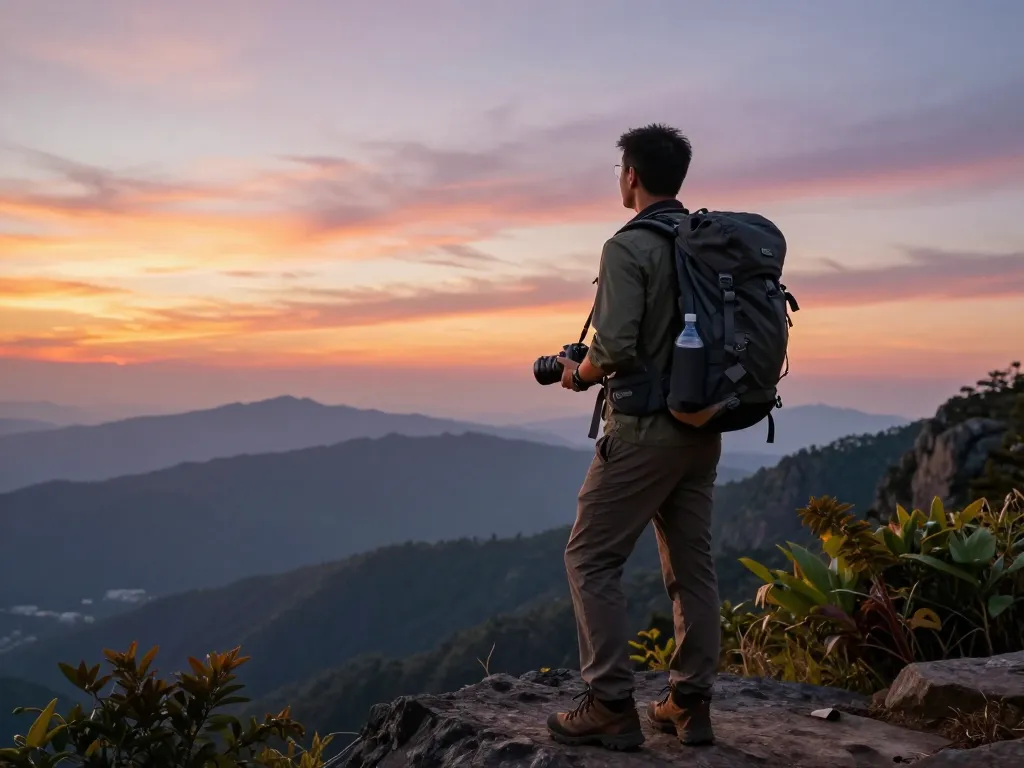 Travel adventurer enjoying sunset at scenic viewpoint, embracing Fly88's spirit of exploration