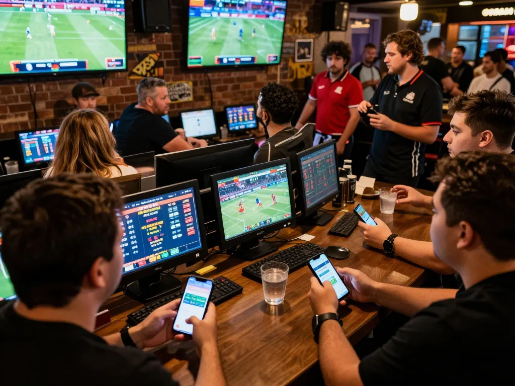 Thrilling sports betting atmosphere at LUCKY88 with fans engaged in wagering strategies