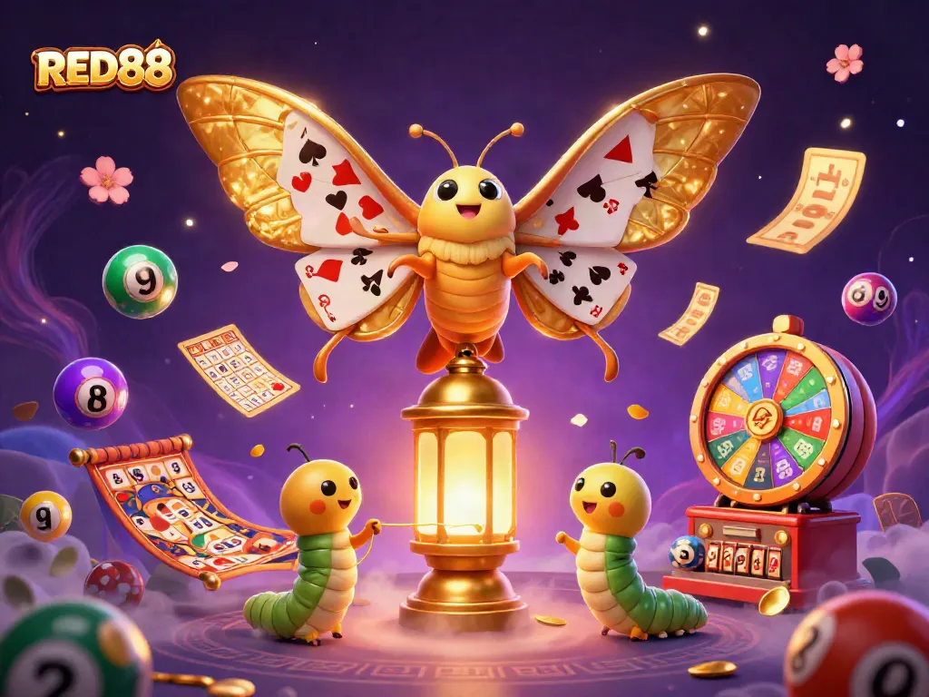 Experience the thrill of RED88 with vibrant casino scenes embodied by a 3D atlas moth and lively lottery elements.
