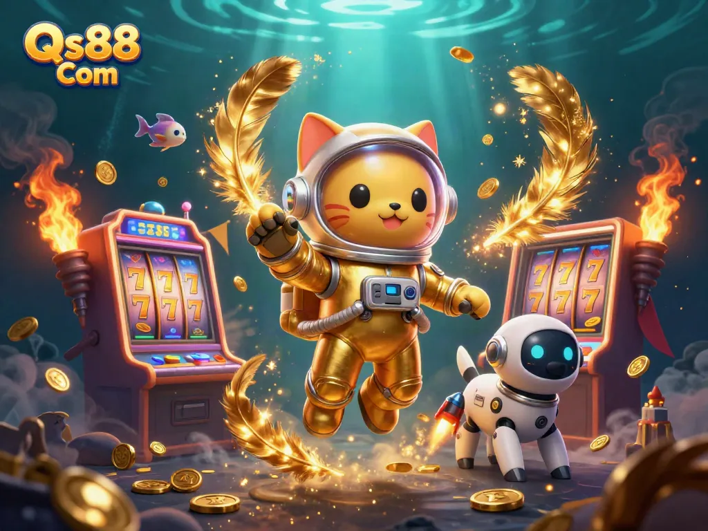 Engage in thrilling gameplay with Qs88 Com as the astronaut cat explores a vibrant casino universe.