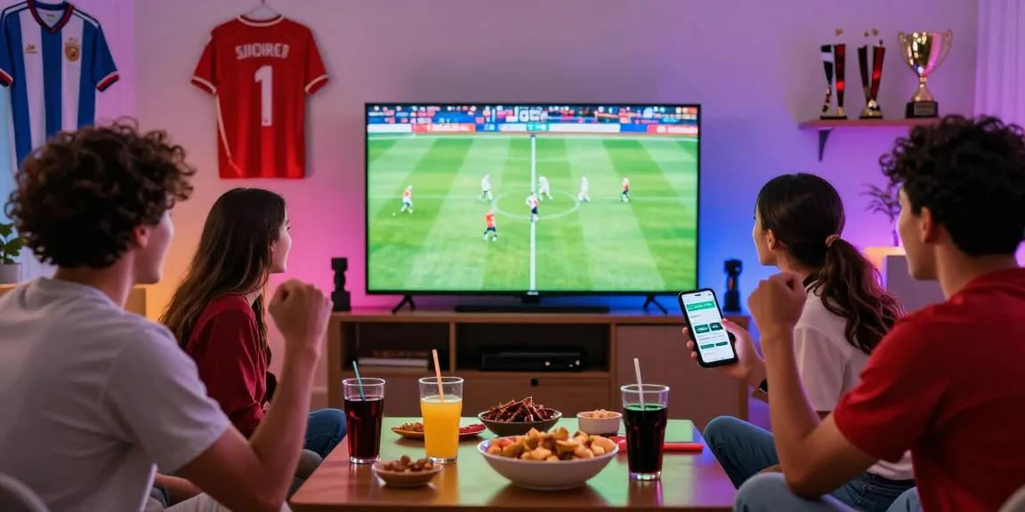 Kelompok teman menikmati taruhan sbobet88 sambil menonton pertandingan dengan semangat.
