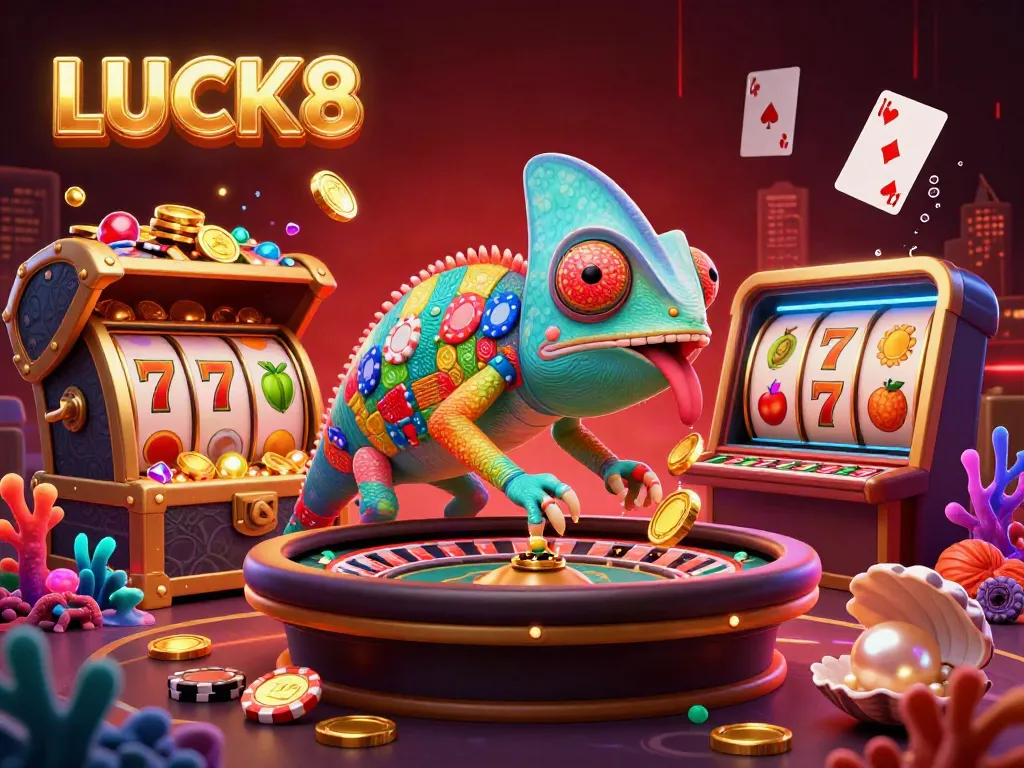 Engaging scene illustrating LUCK8's vibrant casino world with a chameleon owner capturing excitement.