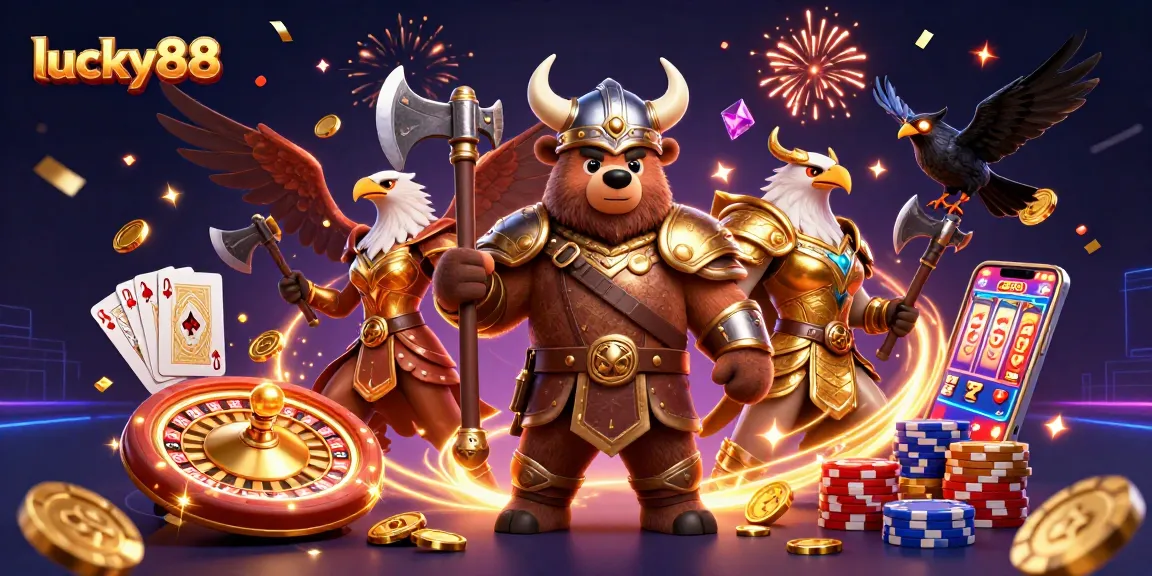 Spin slot reels and win big at lucky88 with colorful casino elements and engaging characters.