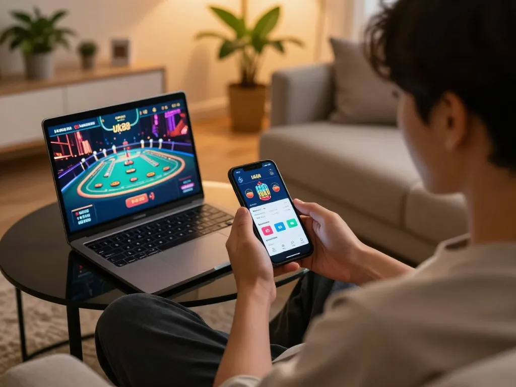 Engaged player using the Uk88 app on smartphone for online betting.